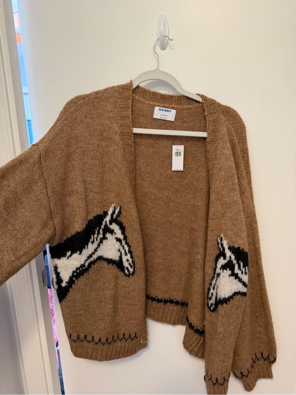Old Navy Camel Open-Front Horse Motif Cardigan